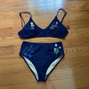 Navy Embroidered High Waisted Bikini